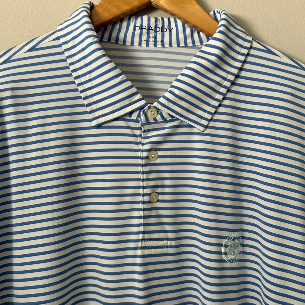 B. Draddy‎ Shirt Men XXL Blue Striped Ruth Lake Golf Polo Stretch Performance